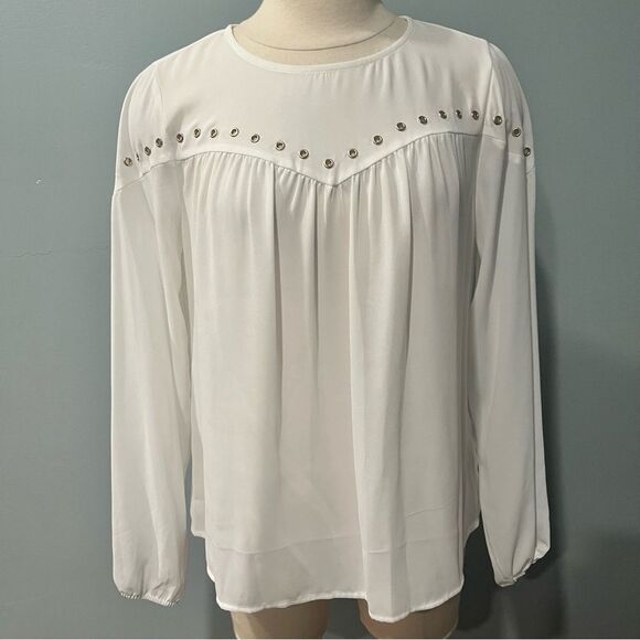 NWT Michael Kors White Crepe Long Sleeve Gold Eyelet Trim Blouse Size Small - Picture 2 of 7